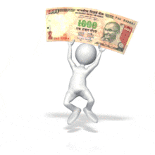 A stick figure jumps in the air while holding a 1000 rupee bill in this animated clip art.