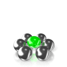 A group of silver reflective balls surround a bouncing green ball in this concept animation of leadership or individuality.