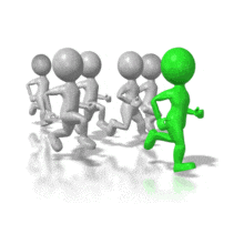 A concept animation of staying ahead of the competition or leading the race.  A group of stick figures running with the leader in a green color.