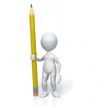 An animation of a stick figure with a pencil presenting something to the right.