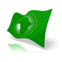 An animated flag of the African Union waves at a perspective an