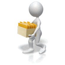 A stick figure moves a box of files in this 3d animated clip art.