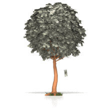 This clip art animation shows a tree with 100 bills falling from it.