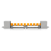 An animation of an assembly line showing conveyer belts with orange moving boxes.