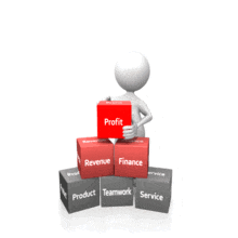 An animation of a stick figure lifting up a business themed building block labeled profit.