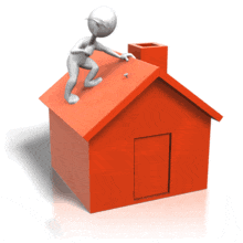 An animation of a stick figure repairing the roof of a house.