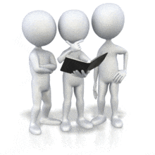 In this animation three stick figures discuss documents inside a black binder.