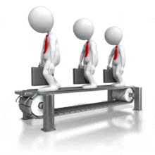This animated clip art shows three business stick figures walking on a moving conveyor belt.  This presentation animation can display a concept of being controlled or stuck in repetition not being able to move forward.