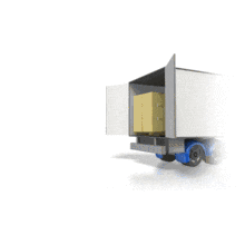 A stick figure loads pallets of boxes onto a semi trailer with a forklift.