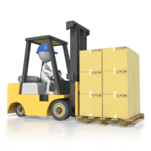 A stick figure operates a forklift to life a load of boxes up and down.