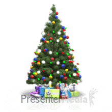 A clipart animation of a Christmas tree with blinking lights.
