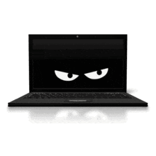 An animation of a black laptop with eyes searching around.