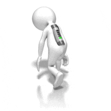 Stick figure walks with a low charge in his battery. This clip-art represents someone with low energy.