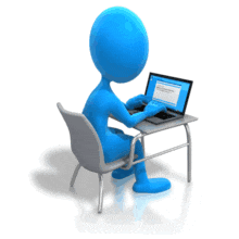 An animation of a blue stick figure typing on a laptop.