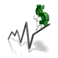 A stick figure works at pushing a dollar symbol up a graph. This clip-art represent how individual effort can help a company grow.