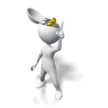 An animation of a stick figure finding a solution with gears turning.