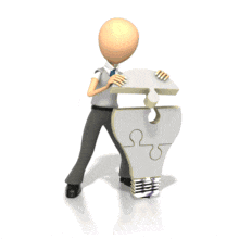 A business Figure assembles a light bulb made out of puzzle pieces.  This animated clip art image can display a concept of solving a problem or putting together an idea.