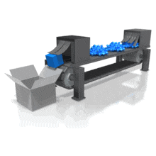 A conveyor-belt delivers small blocks that are used to build a larger block. This clip-art represents the manufacturing of a product.