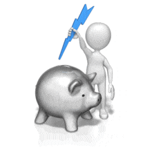 A stick figure puts energy into a piggy bank. This clip-art represents an individual saving energy.