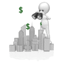 Stick figure with binoculars searches city for financial trends.