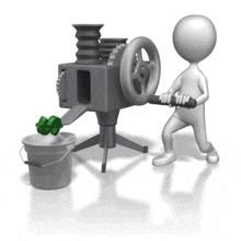 A stick figure works hard cranking away on a machine to produce very little money. This clip-art represents getting a small return for your effort.