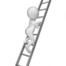 A stick figure climbs a ladder. This clip-art can represent a business person climbing the corporate ladder.