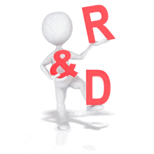 A stick figure holds the letters R &amp; D which stands for Research and Development.