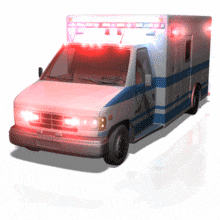 An ambulance sits with its lights flashing.