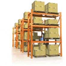 This animated clip art shows a stick figure driving a reach truck moving pallets back and forth.