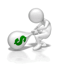 A stick figure works hard at pulling a heavy money bag.