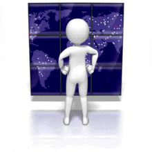 A stick figure watches world data on large computer screens.