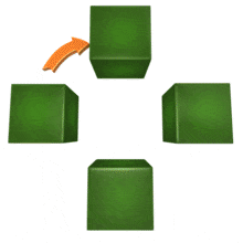 An arrow lights up boxes as it transfers between them.