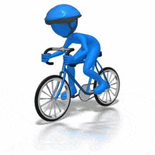 A blue stick figure peddles his bicycle.