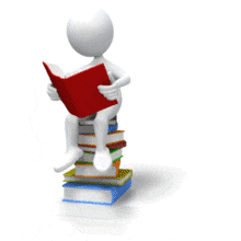An animation of a stick figure sitting on a pile of books reading.