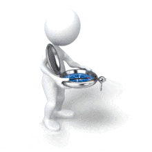 An animation of a stick figure looking at a large compass for direction.