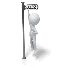 An animation of a stick figure hanging from a street sign labeled success giving a thumbs up.
