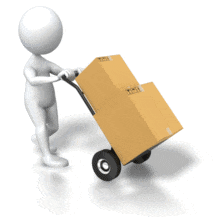 An animation of a stick figure pushing a dolly with boxes.