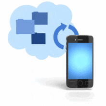 A digital device syncs its data to the cloud. This clip-art can represent syncing, restoring, and backing-up information to a remote source.