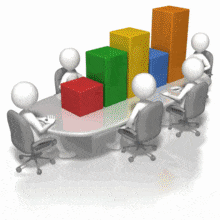 Stick figures sit at a conference table looking at a bar graph.