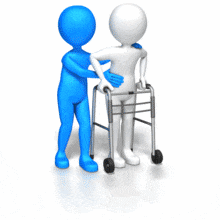 A stick figure carefully helps another use a walker.