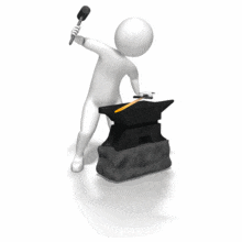 A stick figure uses a hammer and anvil to forge a red-hot sword.