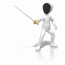 A stick figure in a mask thrusts an epee as it practices fencing.