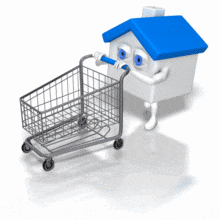 A walking house pushes a shopping cart. This clip-art can represent someone house-shopping.
