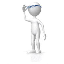 A stick figure tries on a pair of glasses by taking them off and on.