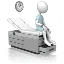 A stick figure sits on a medical examination table as time passes on clock.