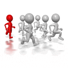 This animation shows stick figure colored running behind a group of grey stick figures.