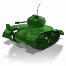A toy tank wobbles as it drives forward.
