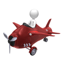 A stick figure flies in a wobbling airplane.