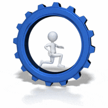 A stick figure runs inside a large gear. This clip-art can represent a person who contributes to part of a process.