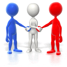 This animation shows two stick figures with color shaking hands with a stick figure without.